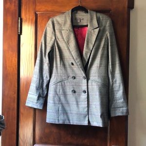 Evereve Level 99 Gray Plaid Blazer with Red Wine Lining